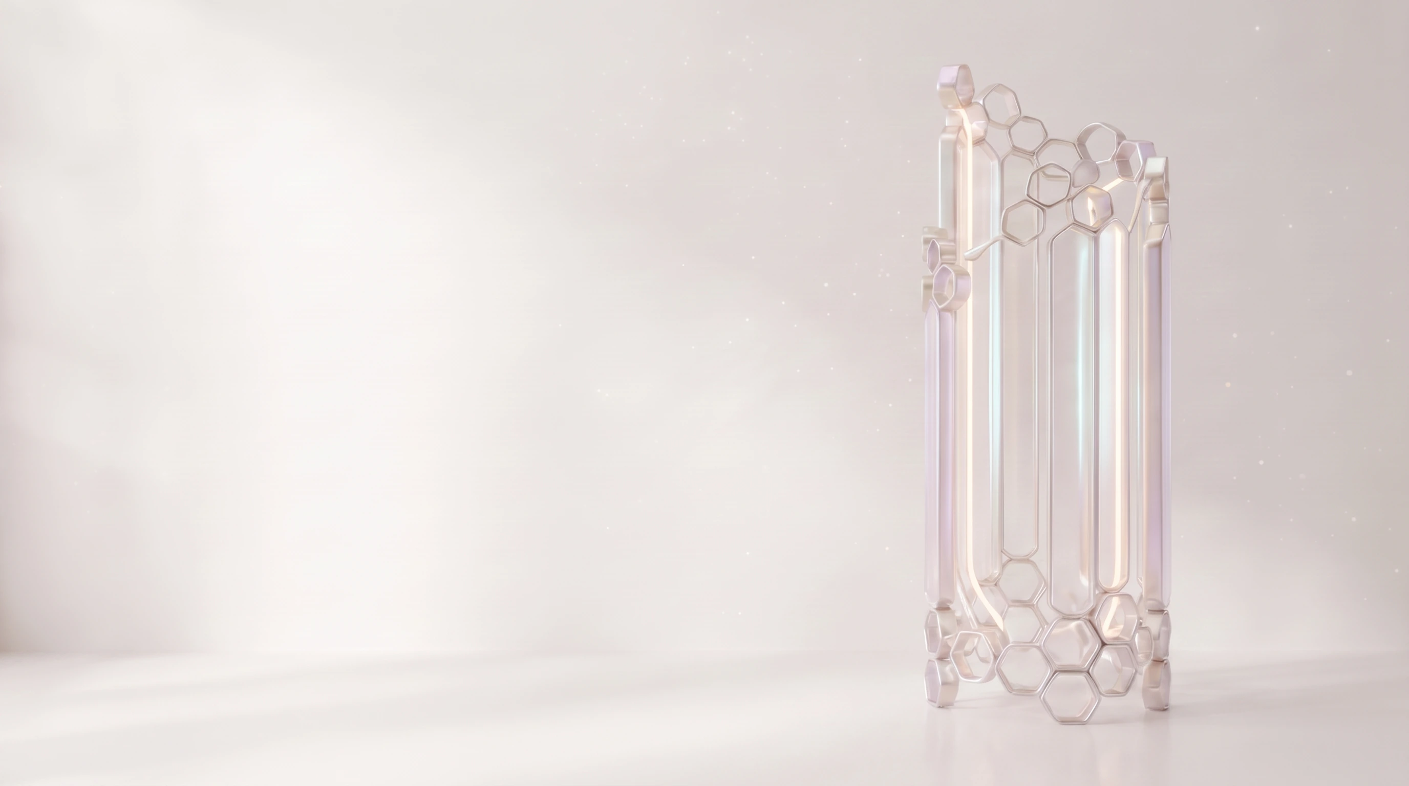 A complete, calm vertical architecture of interlocking pearlescent hexagonal cells with luminous channels running through it, standing still in a bright ivory space.
